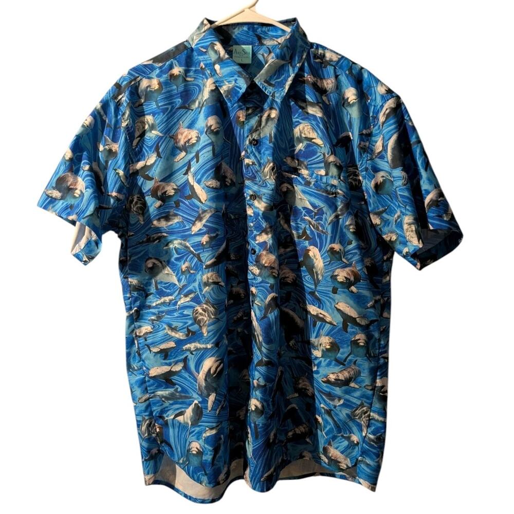 Art Sea Florida Keys Shirt Men’s L Dolphin Ocean Print Hawaiian Aloha Button Up